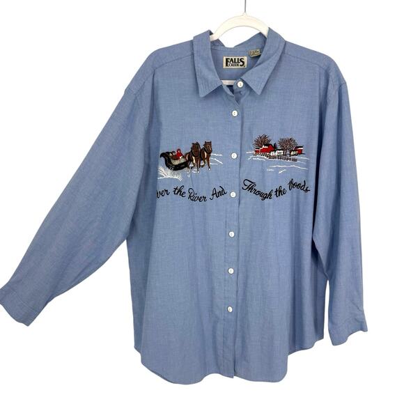 Falls Creek Christmas Embroidered Button Up Shirt Chambray size 22W Vintage - Picture 1 of 9